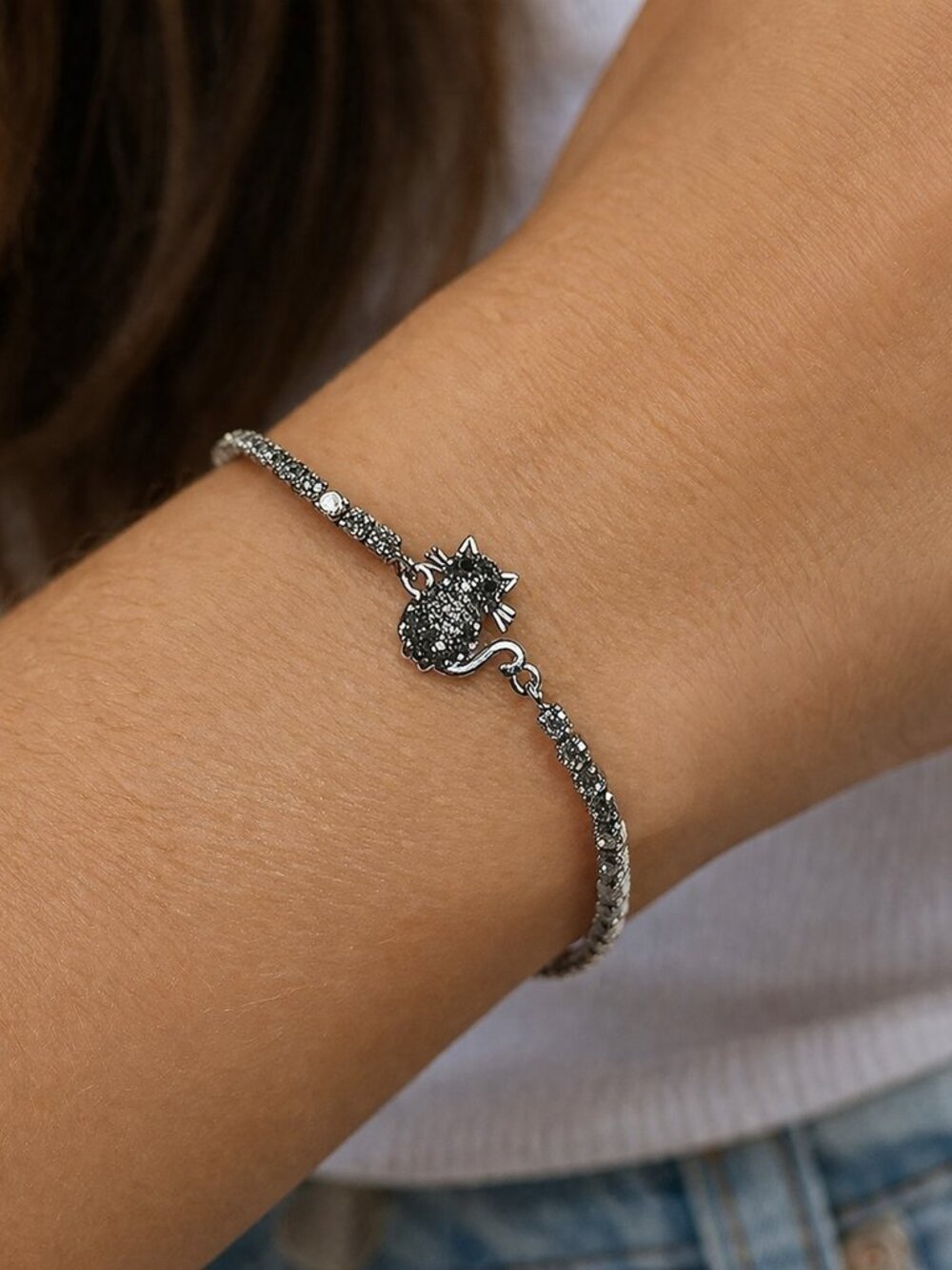 Vintage Signed‎ SU CZ CH Cubic Zirconia Silver Cat Slider Bracelet